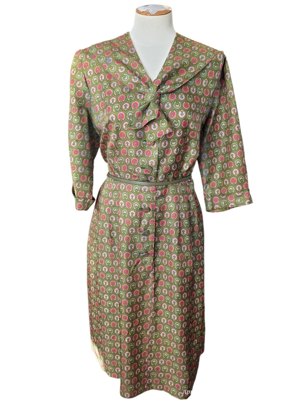 Vintage 1950s Korell Printed Day Dress Olive Pink Novelty Print Womens Size XL - Picture 2 of 15